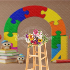 Aperturee - Aperturee Puzzle Arch Back To School Backdrop Colorful Jigsaw Pieces Cute Owls Books Background Kindergarten Photography