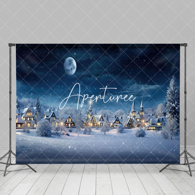 Aperturee - Aperturee Quiet Village Snowy Night Winter Scenery Backdrop