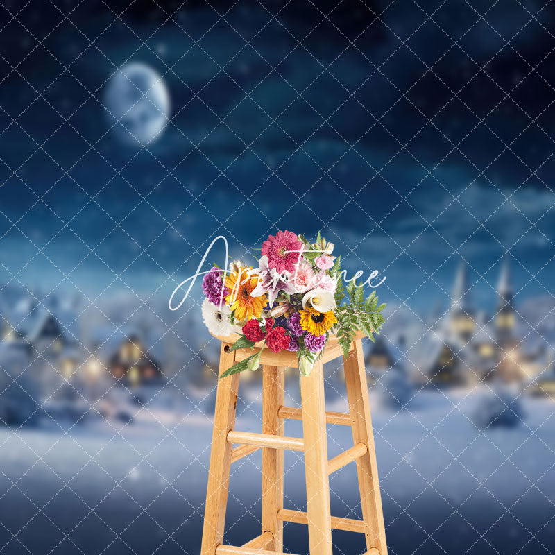 Aperturee - Aperturee Quiet Village Snowy Night Winter Scenery Backdrop