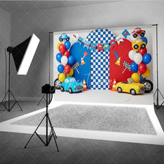 Aperturee - Aperturee Racing Car Photography Backdrop Red and Blue Cars Checkered Flag Party Banner
