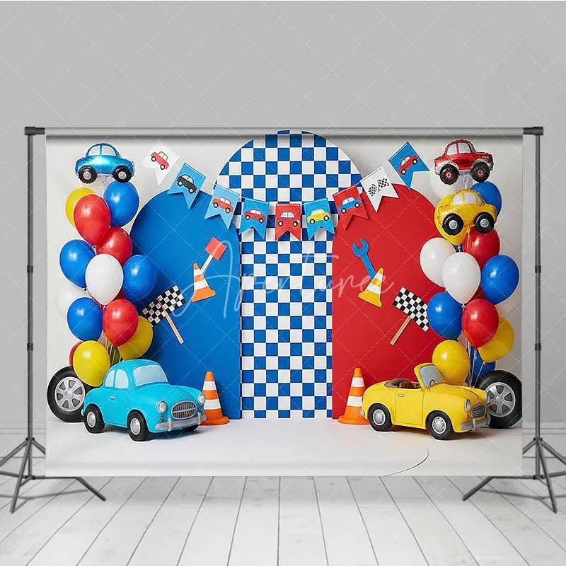 Aperturee - Aperturee Racing Car Photography Backdrop Red and Blue Cars Checkered Flag Party Banner