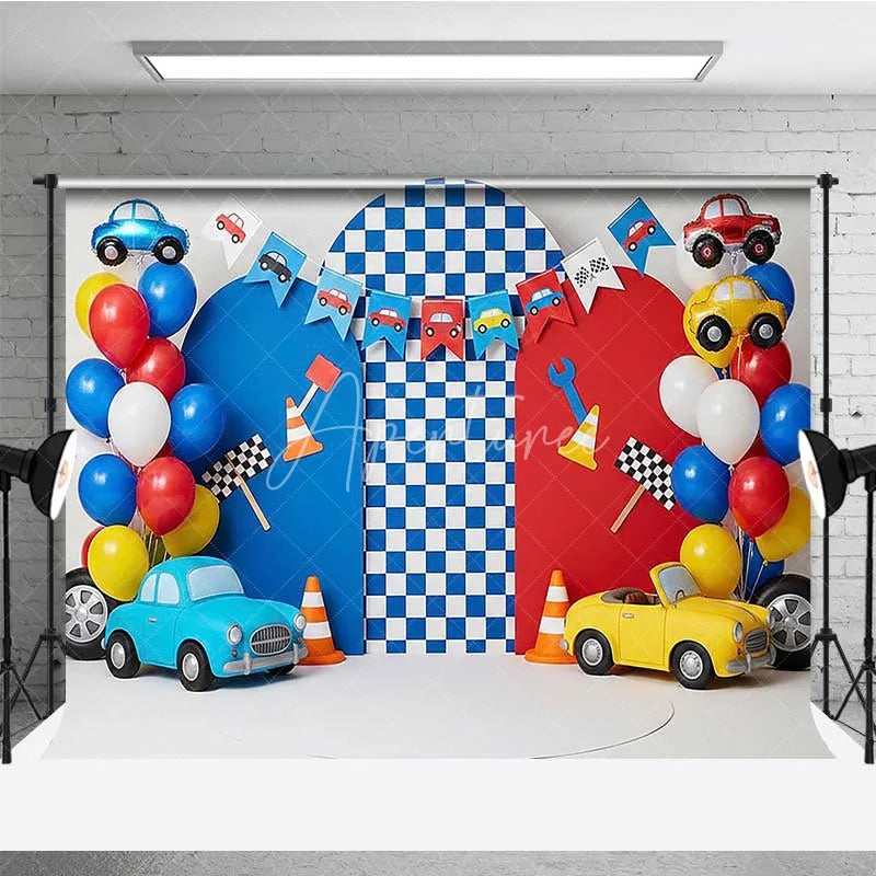 Aperturee - Aperturee Racing Car Photography Backdrop Red and Blue Cars Checkered Flag Party Banner
