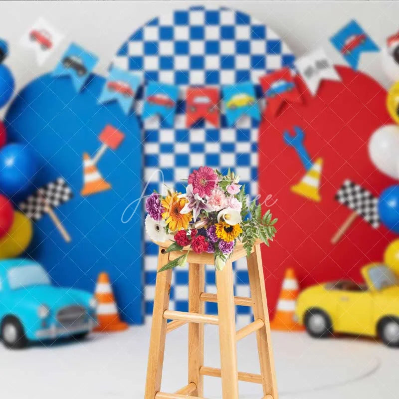 Aperturee - Aperturee Racing Car Photography Backdrop Red and Blue Cars Checkered Flag Party Banner