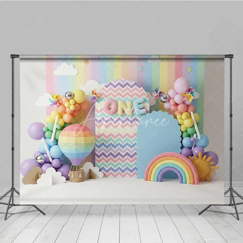 Aperturee - Aperturee Rainbow 1st Birthday Photography Backdrop Hot Air Balloon and Sun Party Banner