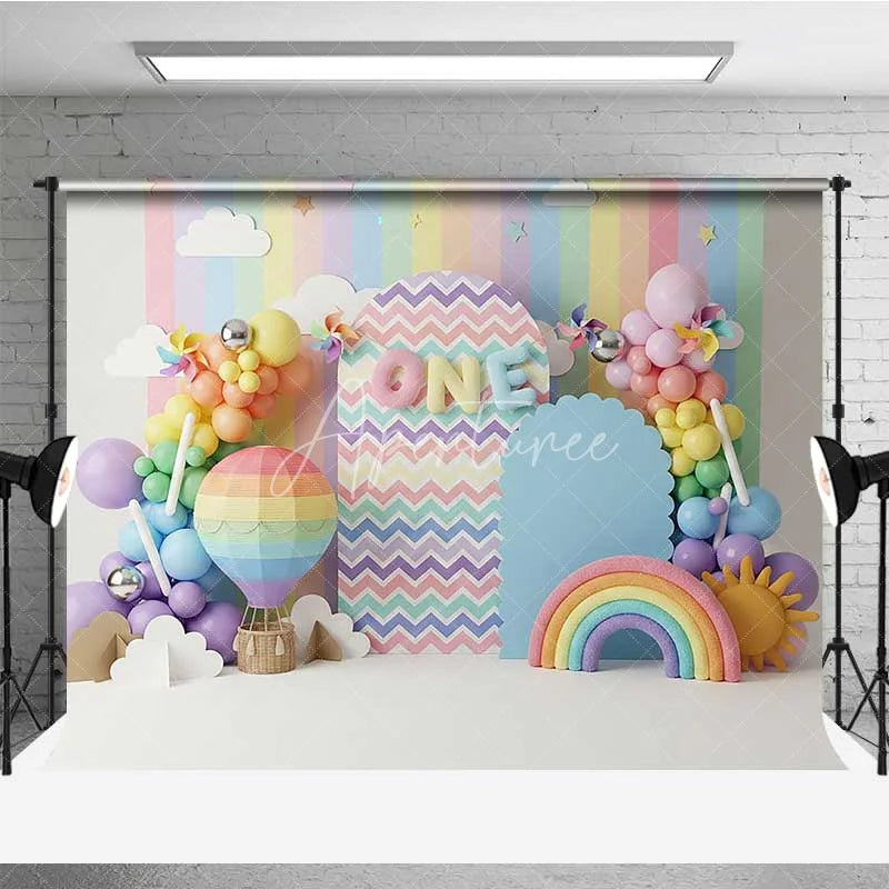 Aperturee - Aperturee Rainbow 1st Birthday Photography Backdrop Hot Air Balloon and Sun Party Banner
