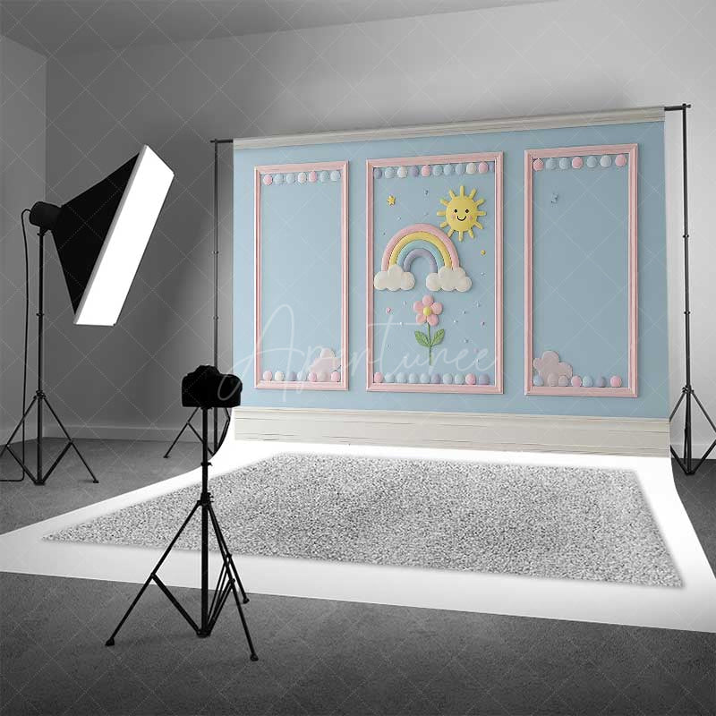 Aperturee Aperturee Rainbow and Sunshine Cake Smash Backdrop Blue Wall with Pink Frames Kids First Birthday Photography Prop