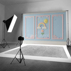 Aperturee Aperturee Rainbow and Sunshine Cake Smash Backdrop Blue Wall with Pink Frames Kids First Birthday Photography Prop