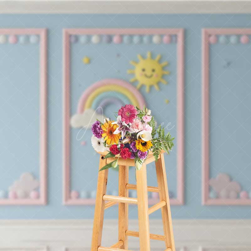 Aperturee Aperturee Rainbow and Sunshine Cake Smash Backdrop Blue Wall with Pink Frames Kids First Birthday Photography Prop