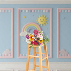 Aperturee Aperturee Rainbow and Sunshine Cake Smash Backdrop Blue Wall with Pink Frames Kids First Birthday Photography Prop