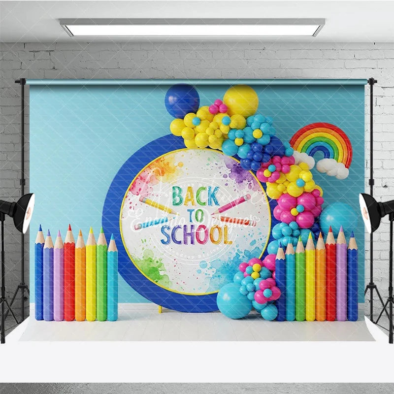 Aperturee - Aperturee Rainbow Back To School Backdrop Colored Pencils Balloon Garland Background Kindergarten Photography Banner