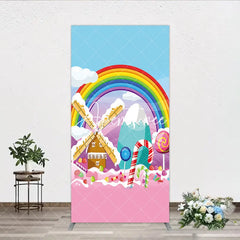 Aperturee - Aperturee Rainbow Candy Land Rectangle Arch Backdrop Whimsical Windmill and Sweet Lollipops Decor