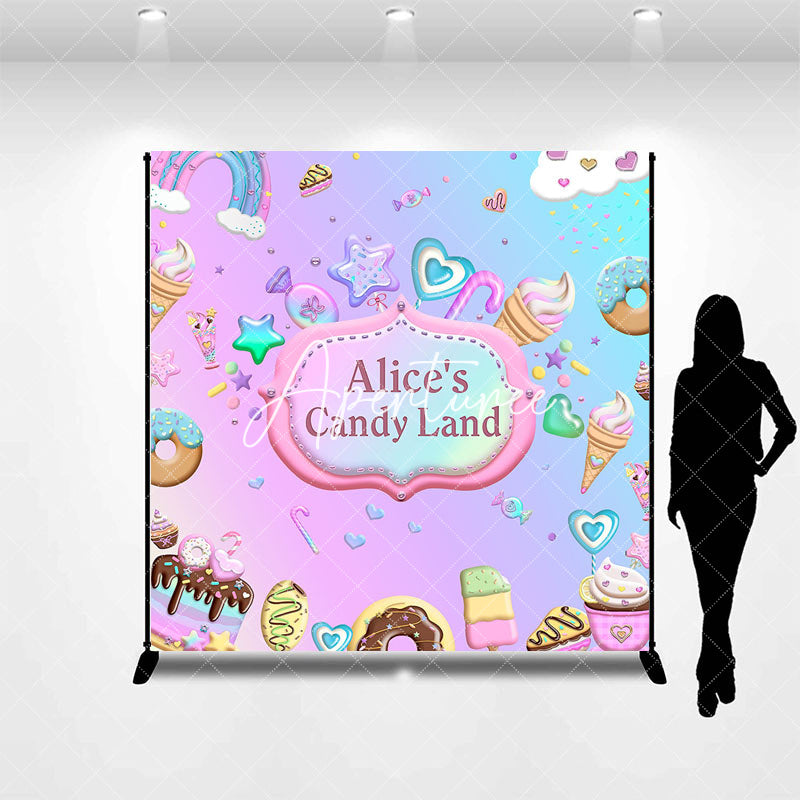 Aperturee - Aperturee Rainbow Candyland Custom Name Birthday Backdrop