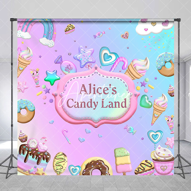 Aperturee - Aperturee Rainbow Candyland Custom Name Birthday Backdrop