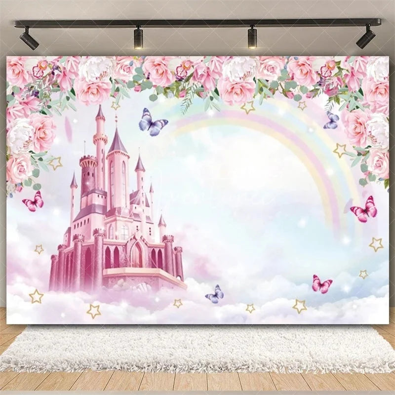 Aperturee - Aperturee Rainbow Castle Happy Birthday Backdrop Colorful Princess Party Decor Birthday Banner Fantasy Photo Booth Background