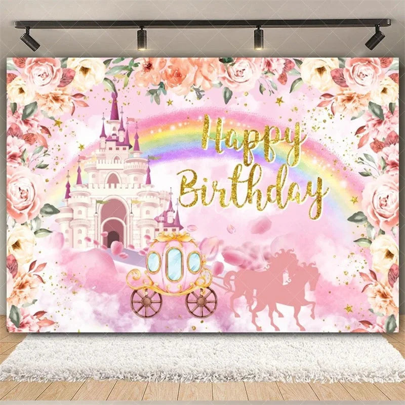 Aperturee - Aperturee Rainbow Castle Happy Birthday Backdrop Colorful Princess Party Decor Birthday Banner Fantasy Photo Booth Background