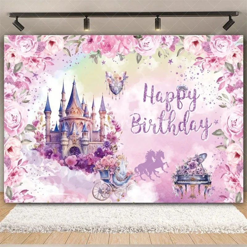 Aperturee - Aperturee Rainbow Castle Happy Birthday Backdrop Colorful Princess Party Decor Birthday Banner Fantasy Photo Booth Background