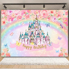 Aperturee - Aperturee Rainbow Castle Happy Birthday Backdrop Colorful Princess Party Decor Birthday Banner Fantasy Photo Booth Background