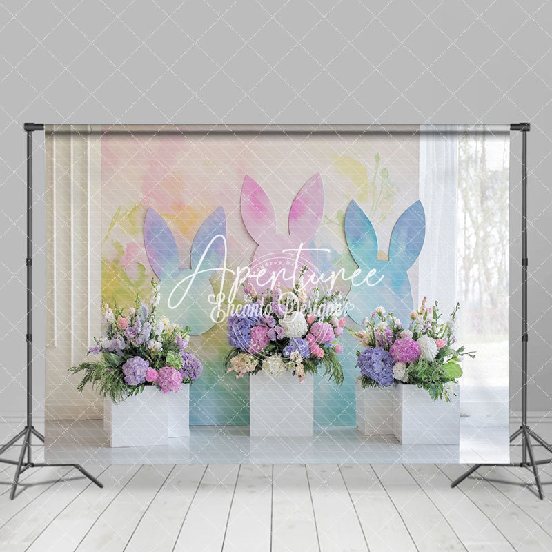 Aperturee - Aperturee Rainbow Color Bunny Wall Floral Easter Backdrop