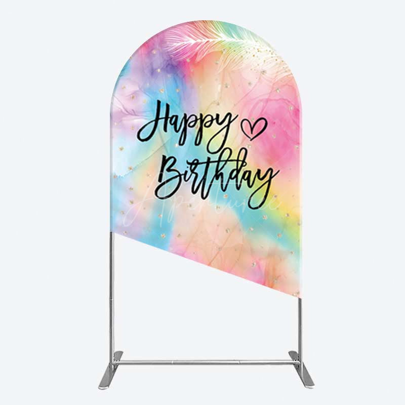 Aperturee Aperturee Rainbow Colorful Feather Happy Birthday Arch Backdrop