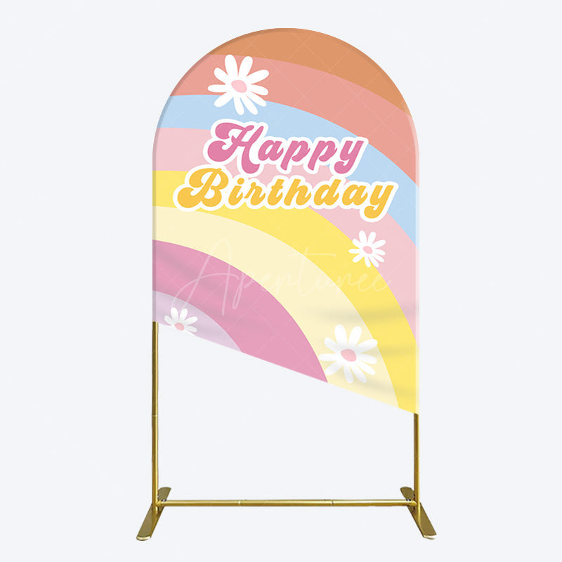 Aperturee - Aperturee Rainbow Floral Groovy Happy Birthday Arch Backdrop
