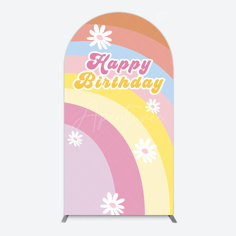 Aperturee - Aperturee Rainbow Floral Groovy Happy Birthday Arch Backdrop