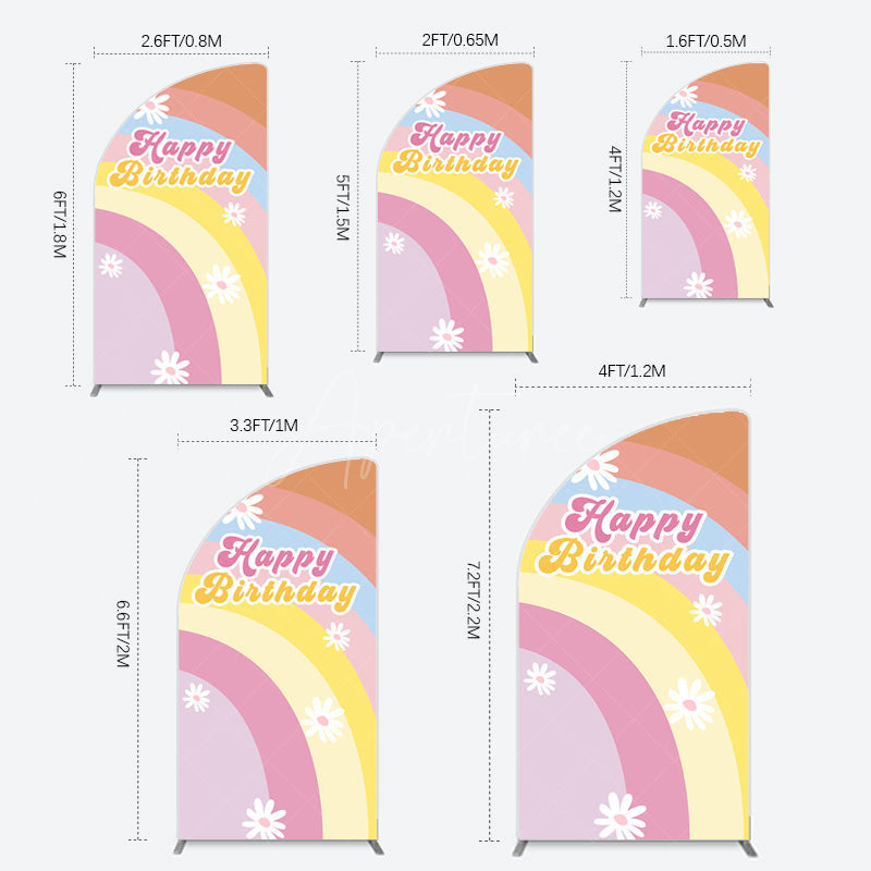Aperturee - Aperturee Rainbow Floral Groovy Happy Birthday Half Moon Arch Backdrop