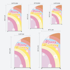 Aperturee - Aperturee Rainbow Floral Groovy Happy Birthday Half Moon Arch Backdrop