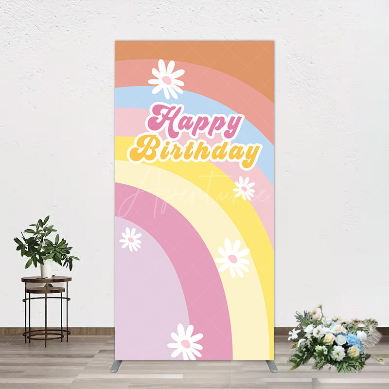 Aperturee - Aperturee Rainbow Floral Groovy Happy Birthday Rectangle Backdrop