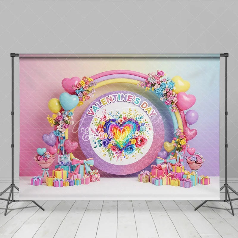 Aperturee - Aperturee Rainbow Heart Valentine Day Backdrop Colorful Balloon Arch Pastel Flowers Background Romantic Photography Prop