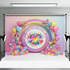 Aperturee - Aperturee Rainbow Heart Valentine Day Backdrop Colorful Balloon Arch Pastel Flowers Background Romantic Photography Prop