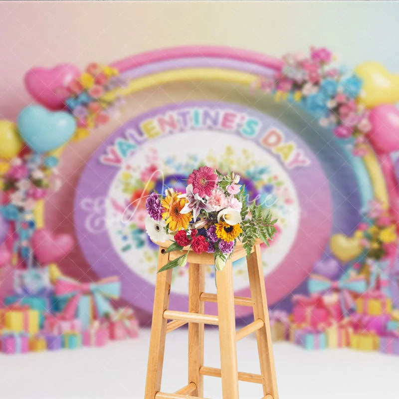 Aperturee - Aperturee Rainbow Heart Valentine Day Backdrop Colorful Balloon Arch Pastel Flowers Background Romantic Photography Prop