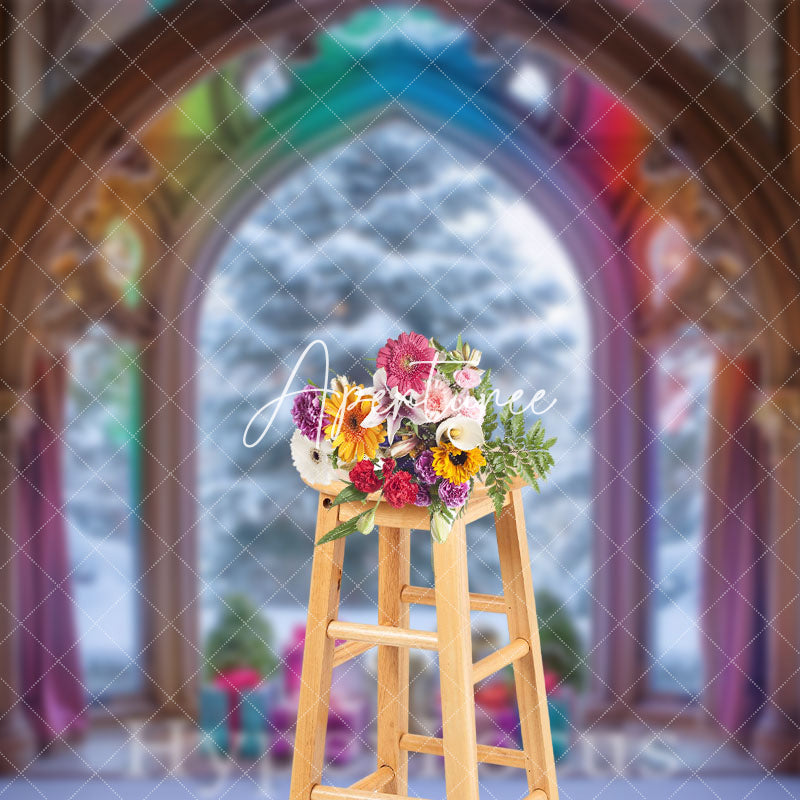 Aperturee - Aperturee Rainbow Luxury Arch Window Snowy Christmas Backdrop