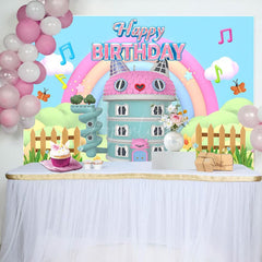 Aperturee - Aperturee Rainbow Pink Cat Doll House Happy Birthday Backdrop