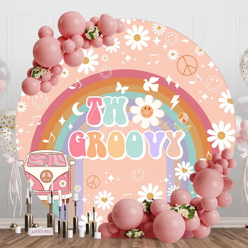 Aperturee - Aperturee Rainbow White Daisy Bus Two Groovy Round Backdrop