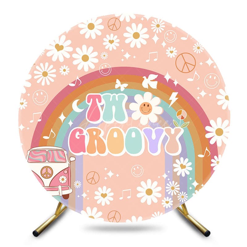 Aperturee - Aperturee Rainbow White Daisy Bus Two Groovy Round Backdrop
