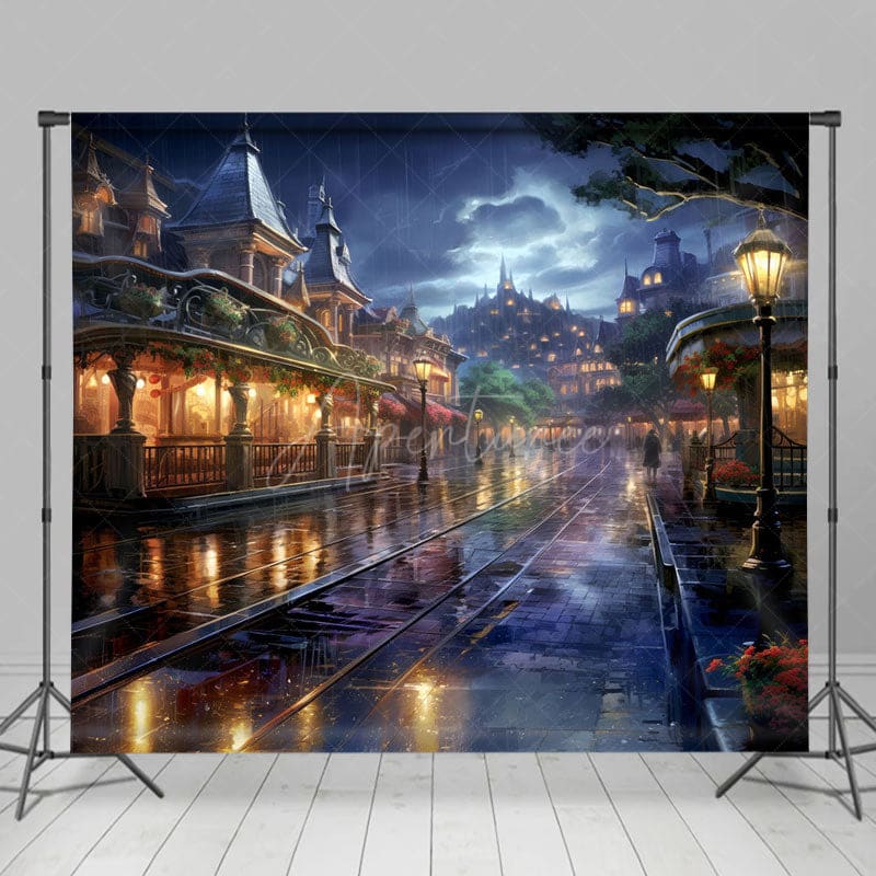 Aperturee - Aperturee Rainy Night Magical Kingdom Street Photo Backdrop