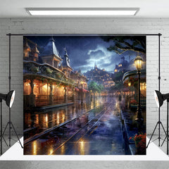 Aperturee - Aperturee Rainy Night Magical Kingdom Street Photo Backdrop