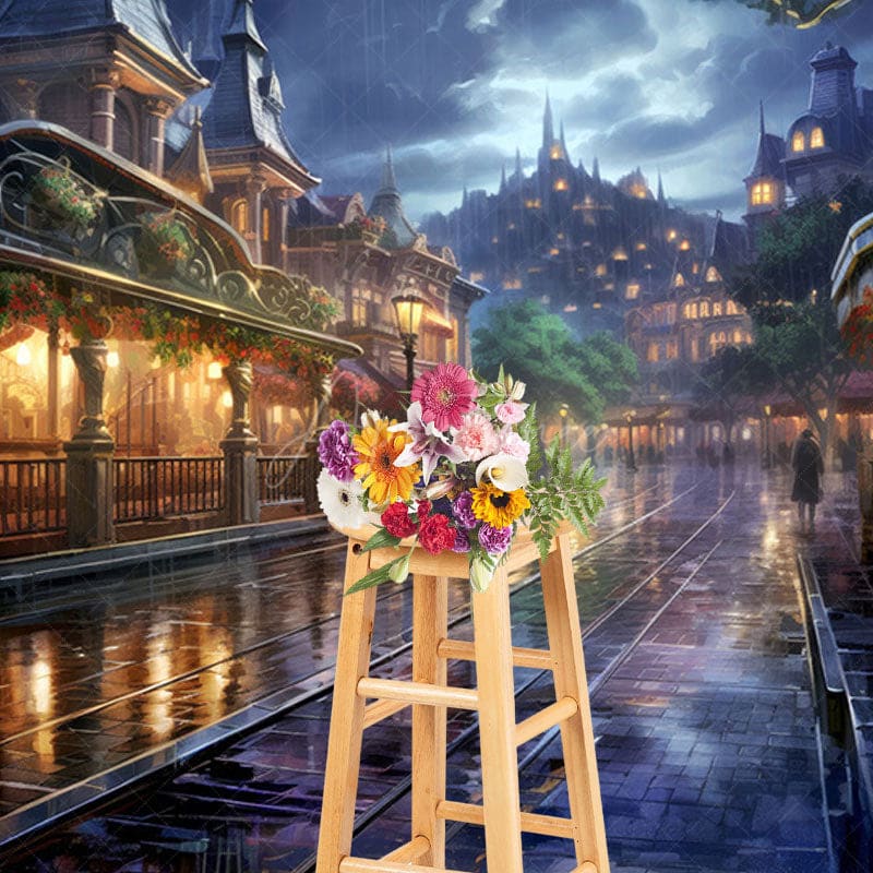 Aperturee - Aperturee Rainy Night Magical Kingdom Street Photo Backdrop