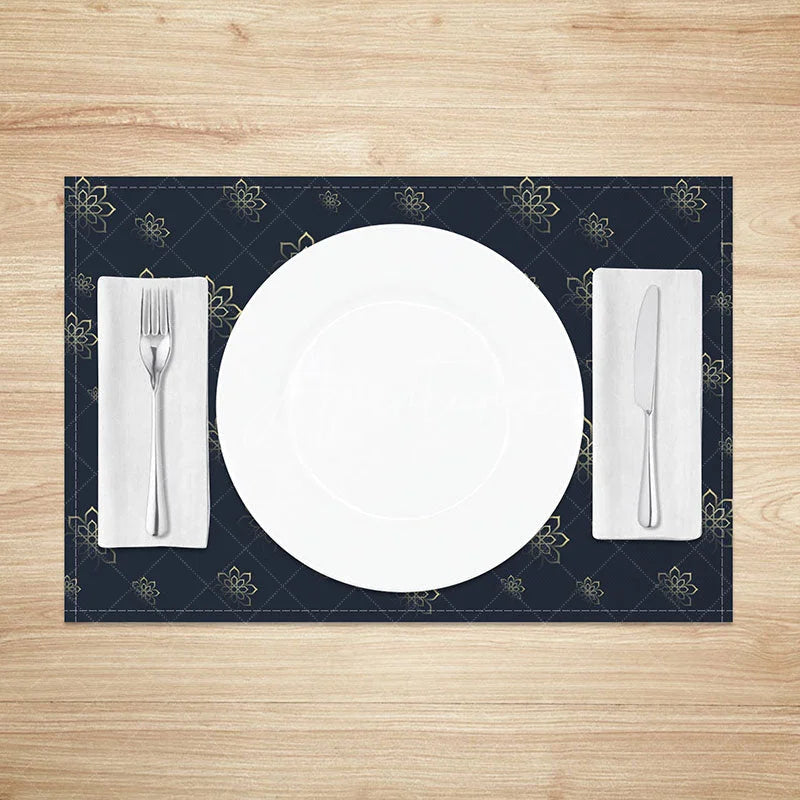 Aperturee - Aperturee Ramadan Kareem Golden Moon Set of 4 Placemats Eid Mubarak Lanterns and Floral Navy Blue Dining Table Mats