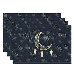 Aperturee - Aperturee Ramadan Kareem Golden Moon Set of 4 Placemats Eid Mubarak Lanterns and Floral Navy Blue Dining Table Mats