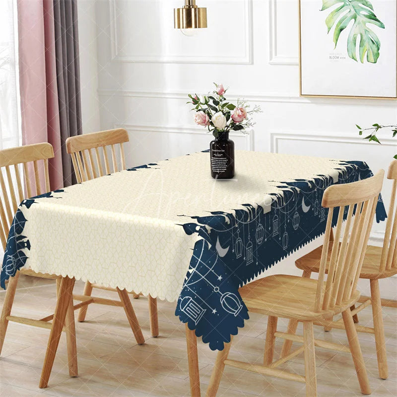 Aperturee - Aperturee Ramadan Kareem Navy Blue Border Rectangle Tablecloth Islamic Mosque and Crescent Moon Table Cover
