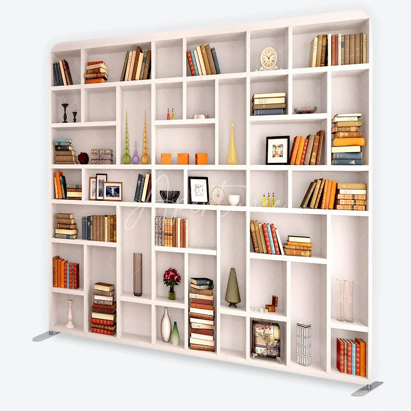 Aperturee - Aperturee Realistic Bookshelf with Classic Books and Elegant Decor Square Double-Sided Backdrop Study Library Photo Prop