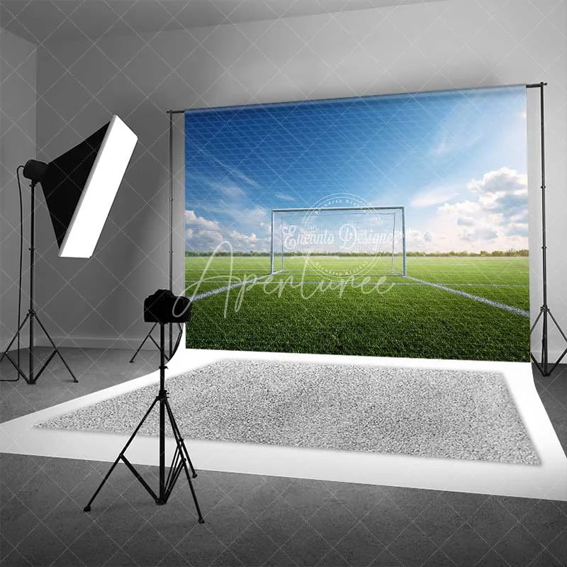 Aperturee - Aperturee Realistic Sports Soccer Field Goal Backdrop Green Grass Blue Sky Photography Background for Party