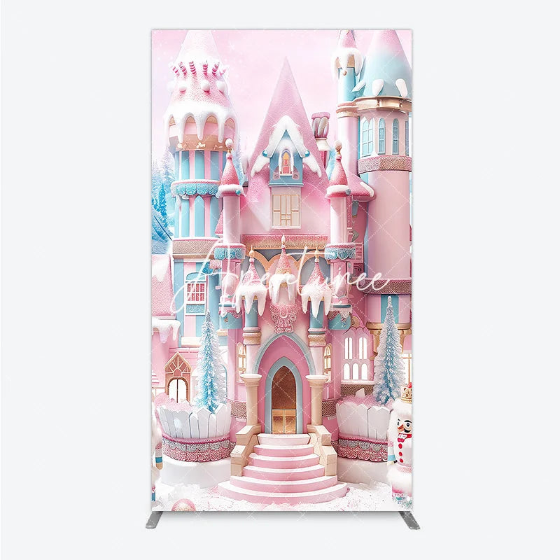Aperturee - Aperturee Rectangle Arch Backdrop with Pink Blue Candy Castle Whimsical Winter Wonderland Holiday Party Decor