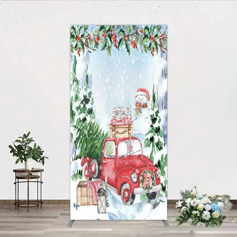 Aperturee - Aperturee Rectangle Backdrop Christmas Red Truck Winter Snow Cover Watercolor Pine Tree Xmas Decoration Holiday Party Photo Prop
