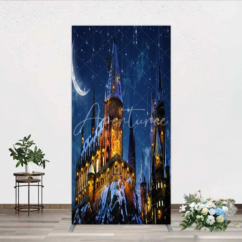 Aperturee - Aperturee Rectangle Backdrop Magic Castle Night Wizard School Winter Moon Starry Sky Rectangle Cover