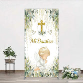 Aperturee - Aperturee Rectangle Backdrop Mi Bautizo Angel Gold Cross Cover Greenery Eucalyptus Baptism Chiara Wall Background Religious