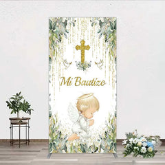 Aperturee - Aperturee Rectangle Backdrop Mi Bautizo Angel Gold Cross Cover Greenery Eucalyptus Baptism Chiara Wall Background Religious