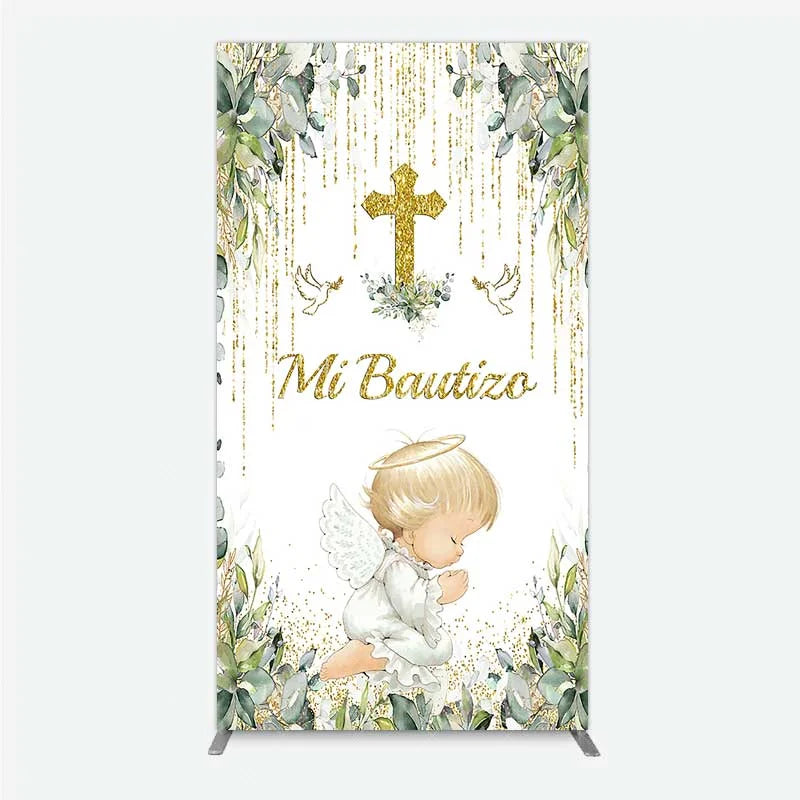 Aperturee - Aperturee Rectangle Backdrop Mi Bautizo Angel Gold Cross Cover Greenery Eucalyptus Baptism Chiara Wall Background Religious