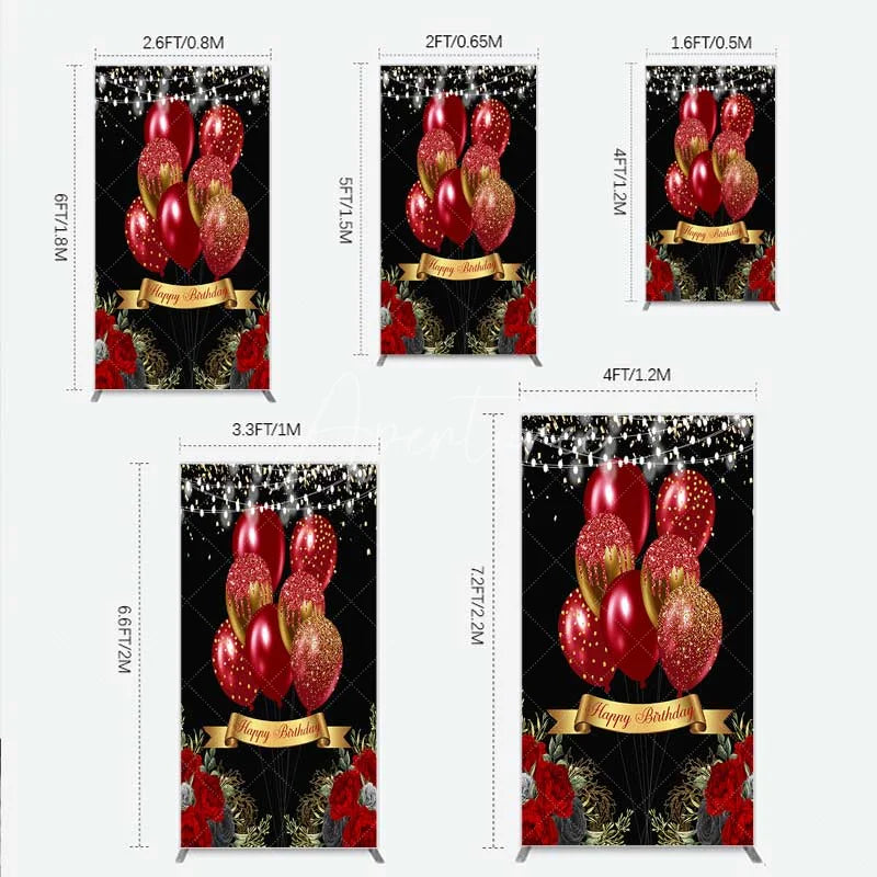 Aperturee - Aperturee Rectangle Backdrop Red Gold Balloons Happy Birthday Cover Black Floral Rose Chiara Wall Background Party Decoration